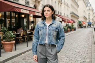 Femme portant une veste en jean oversize coupée courte avec ourlets bruts dans une rue pavée parisienne