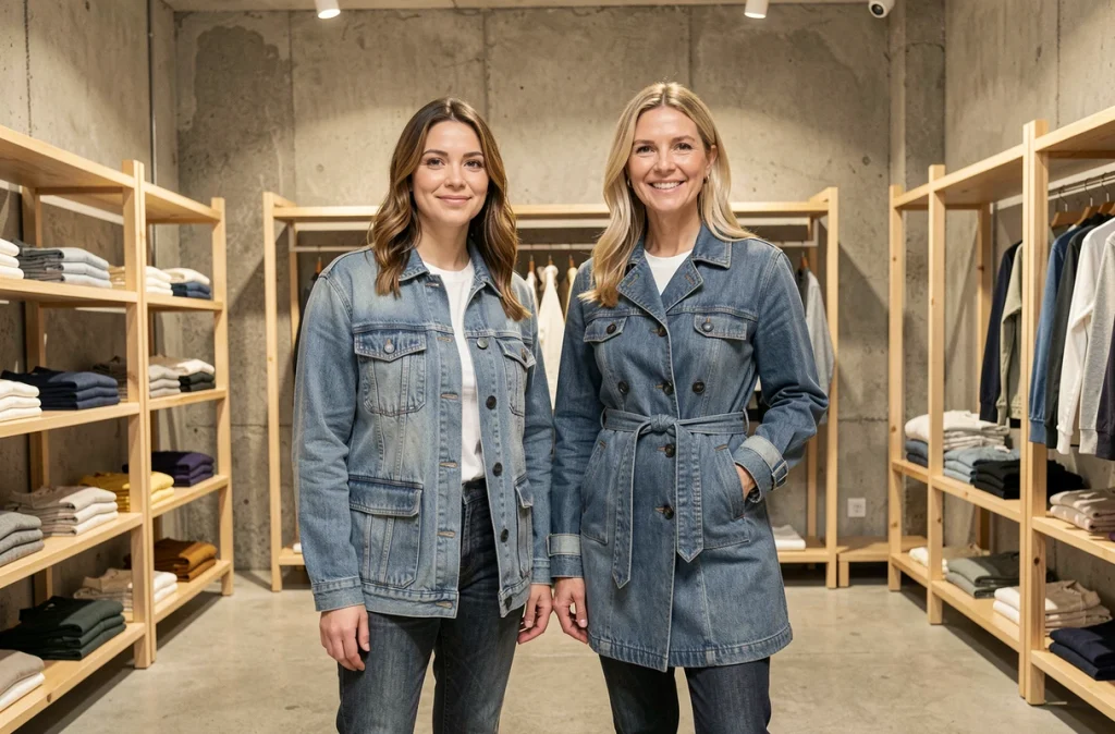 Deux femmes portant des vestes en jean aux coupes modernes différentes dans un concept store minimaliste