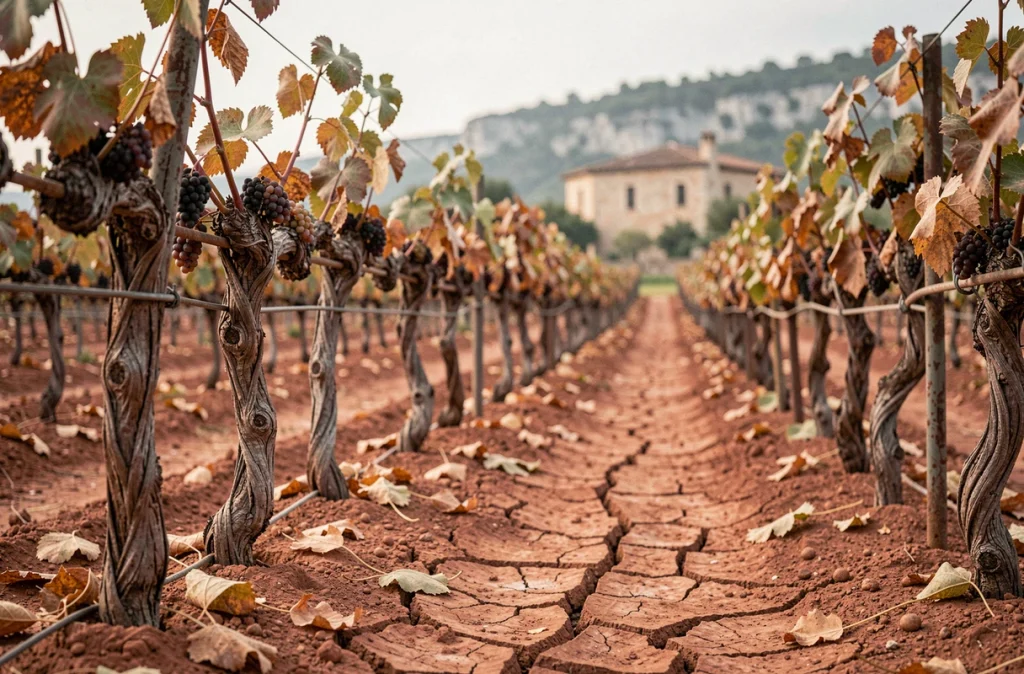 Vignes desséchées et sol craquelé dans un vignoble languedocien touché par la sécheresse estivale