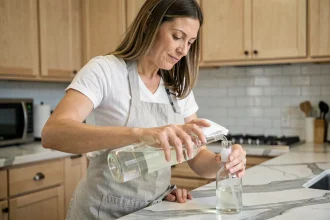Femme versant du vinaigre blanc dans un spray pour nettoyer sa cuisine