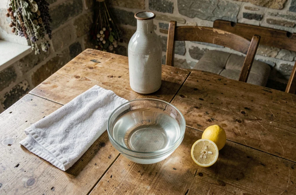 Composition de vinaigre blanc, citron et chiffon microfibre pour l'entretien de la maison