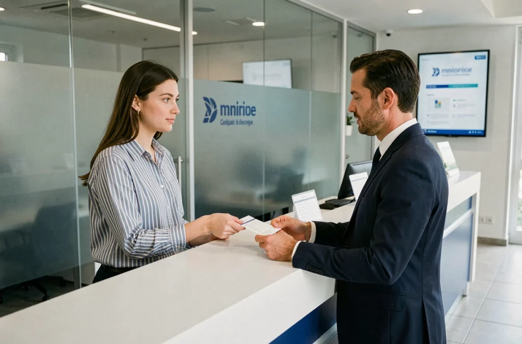 Cliente remettant un formulaire de virement instantané à un conseiller dans une agence bancaire française