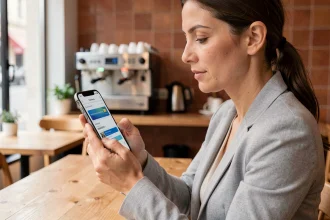 Femme effectuant un virement instantané sur une application bancaire française depuis un café