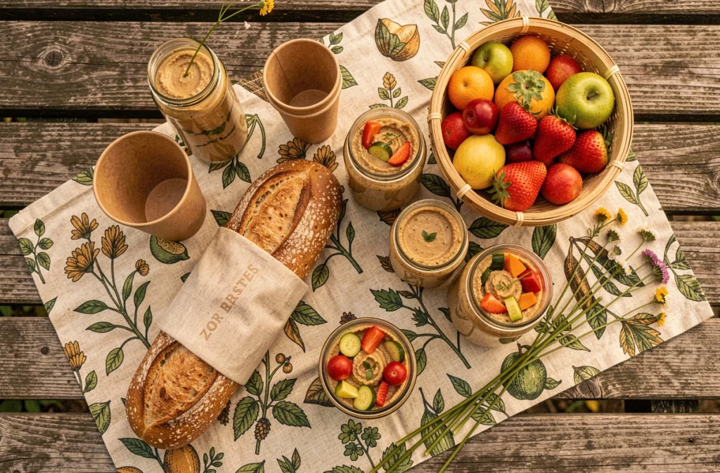 Vue aérienne d'un étal de pique-nique zéro déchet avec bocaux en verre, couverts en bambou et aliments frais sur un tissu en coton