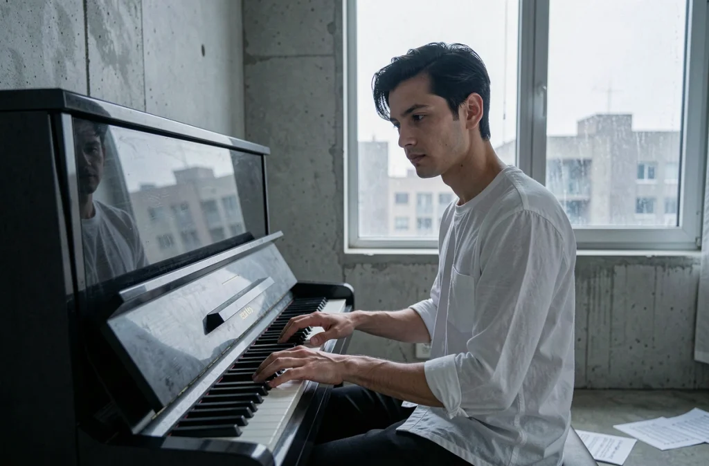 Musicien au piano dans un studio minimaliste illustrant l'univers musical de Zaho de Sagazan
