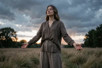 Jeune femme en plein air sous un ciel orageux évoquant la symphonie des éclairs de Zaho de Sagazan
