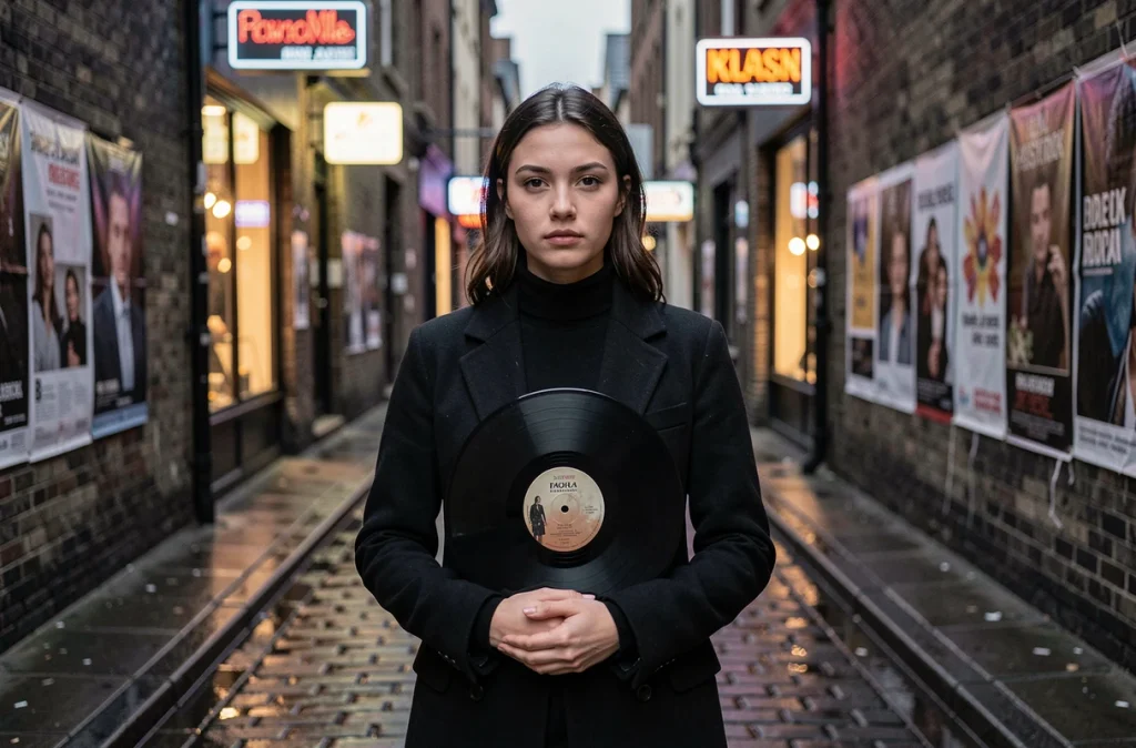 Jeune femme tenant un vinyle dans une ruelle urbaine pluvieuse en référence à la musique de Zaho de Sagazan