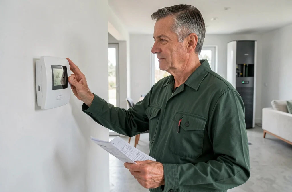 Plombier chauffagiste de Zen PC réglant un thermostat programmable dans une maison contemporaine à Orléans